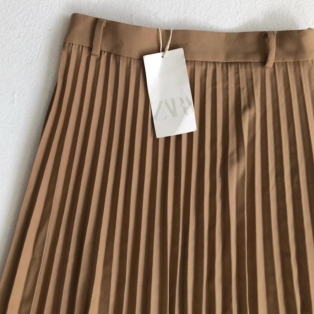 Zara Tan Pleated Midi Dress for Work